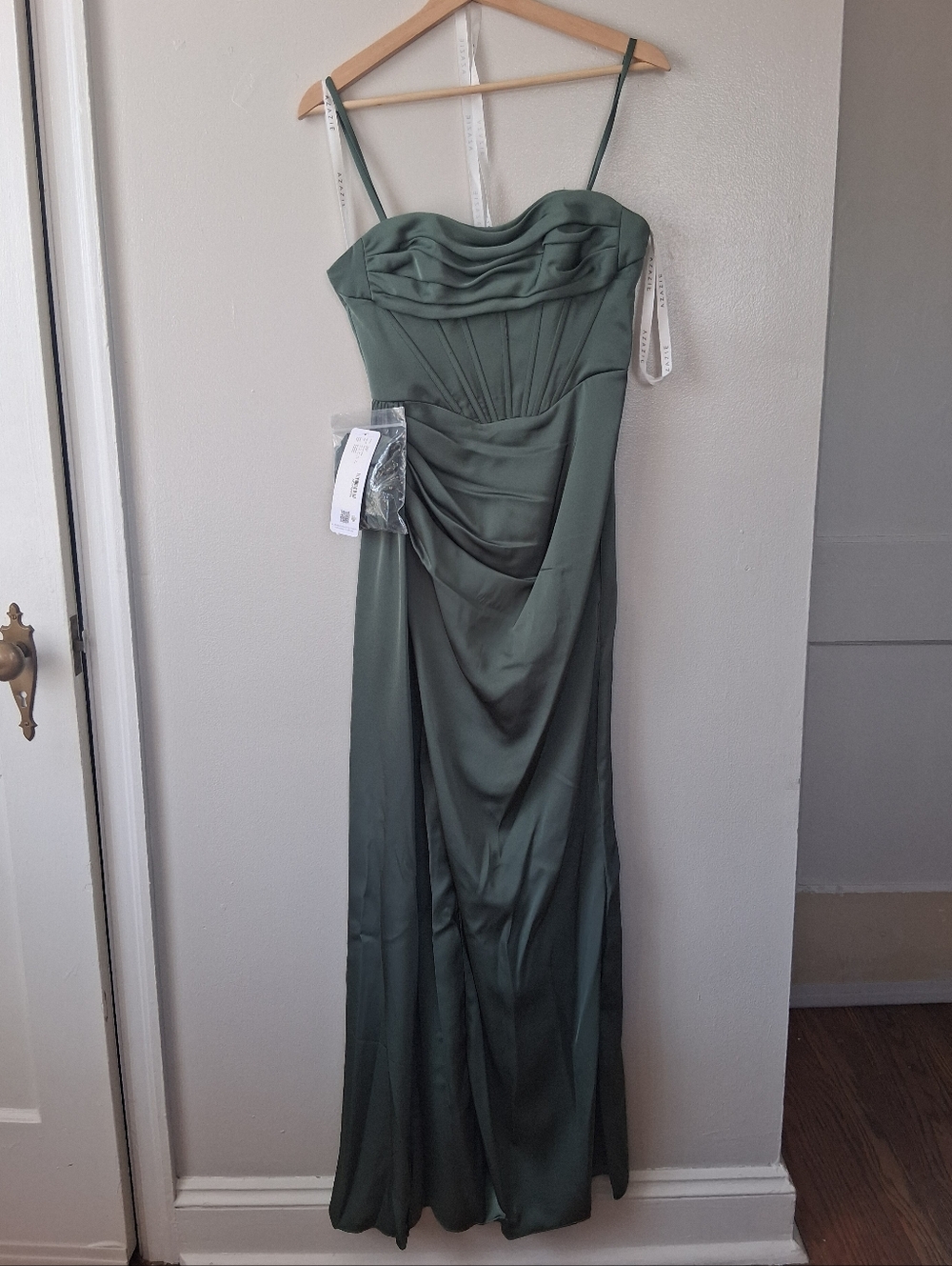 Azazie Amyra Satin Green Eucalyptus Bridesmaid Corset Dress